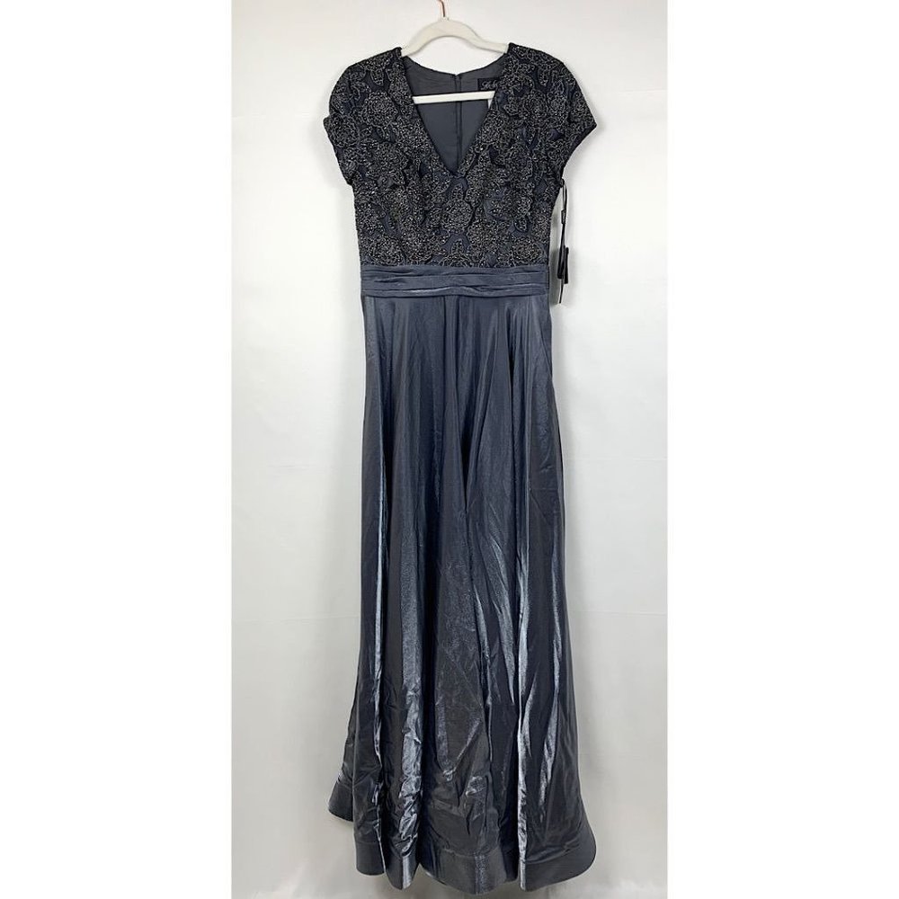NWT La Femme 26447 Two Tone Satin A-Line V-Neck Gown Platinum Silver Gray - Picture 3 of 10
